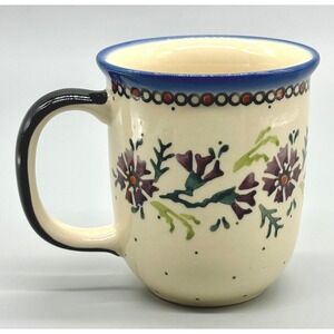Wiza Polish Pottery Mug Purple Flowers Floral 12 oz Boleslawiec